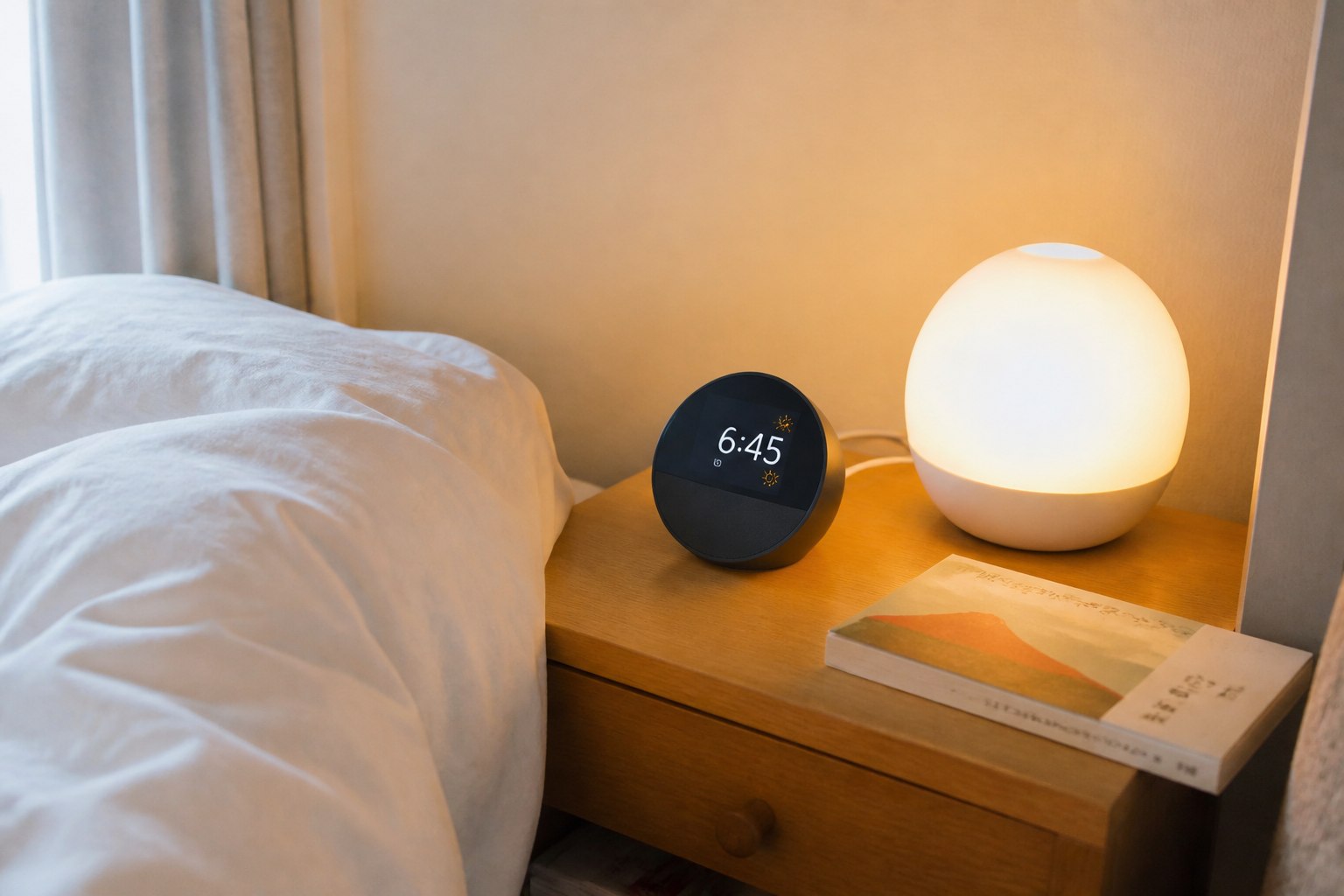 ベッドサイドでアラーム時刻を表示するEcho Spotと点灯したスマート照明