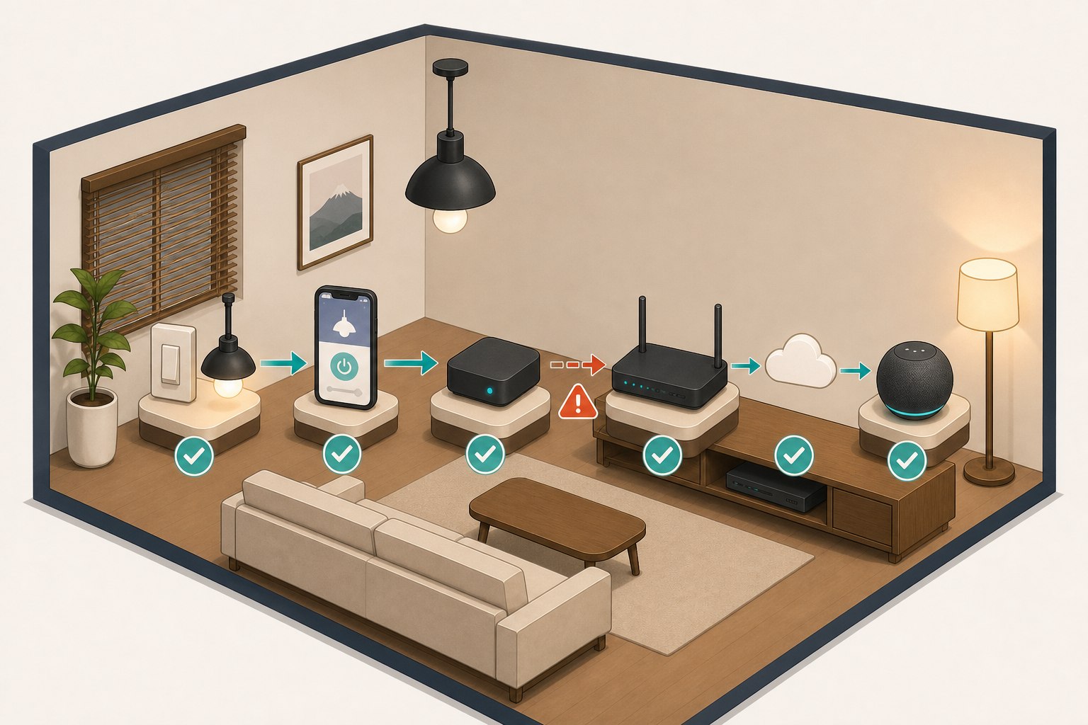 スマート家電の電源、メーカーアプリ、ハブ、Wi-Fi、Alexaスキルの順に確認する図解