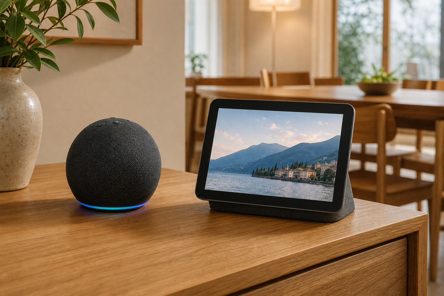 ダイニングにAmazon Echo Dot第5世代とGoogle Nest Hub第2世代を並べた比較イメージ