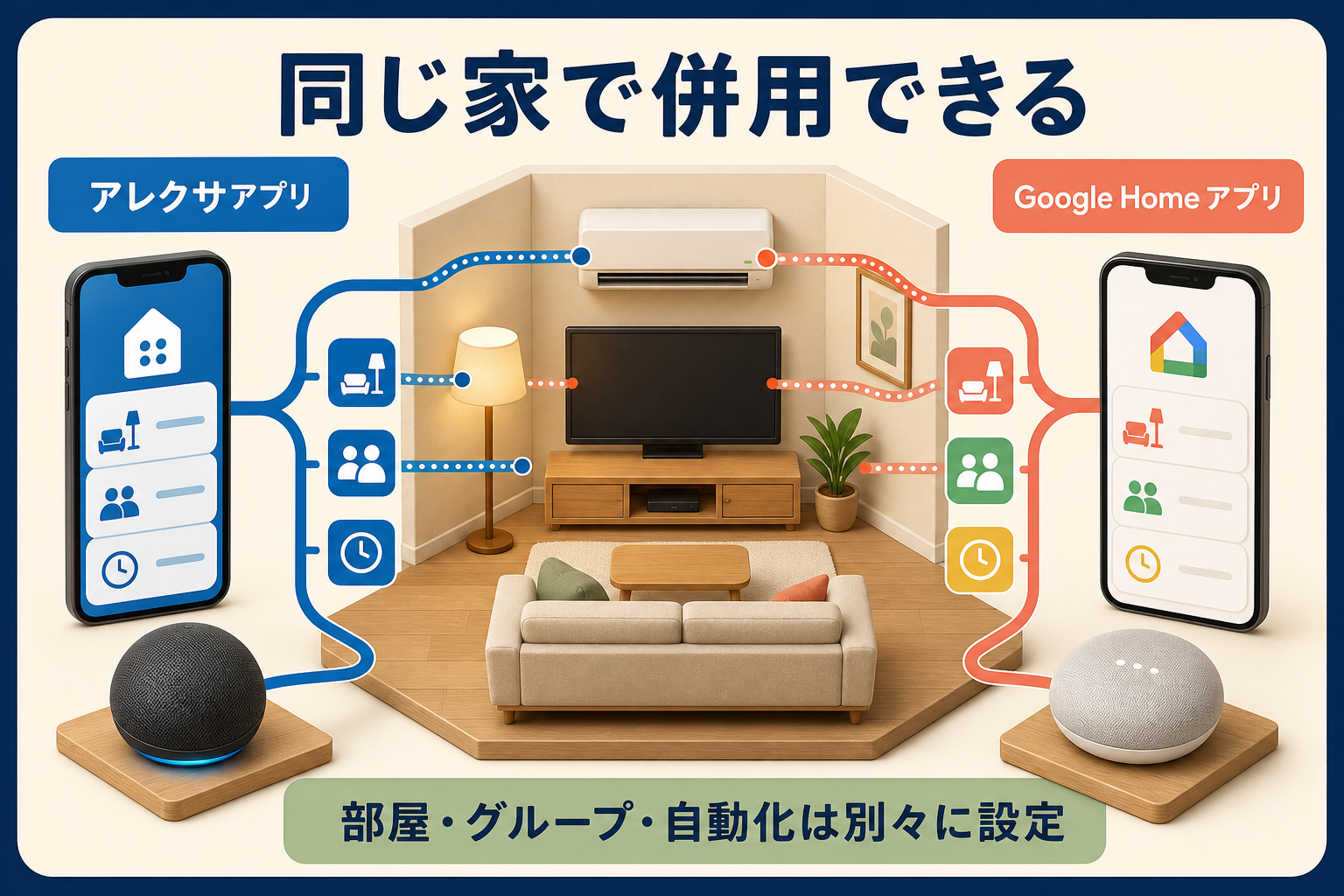 同じリビングの家電へアレクサアプリとGoogle Homeアプリから別々の経路で接続する併用図