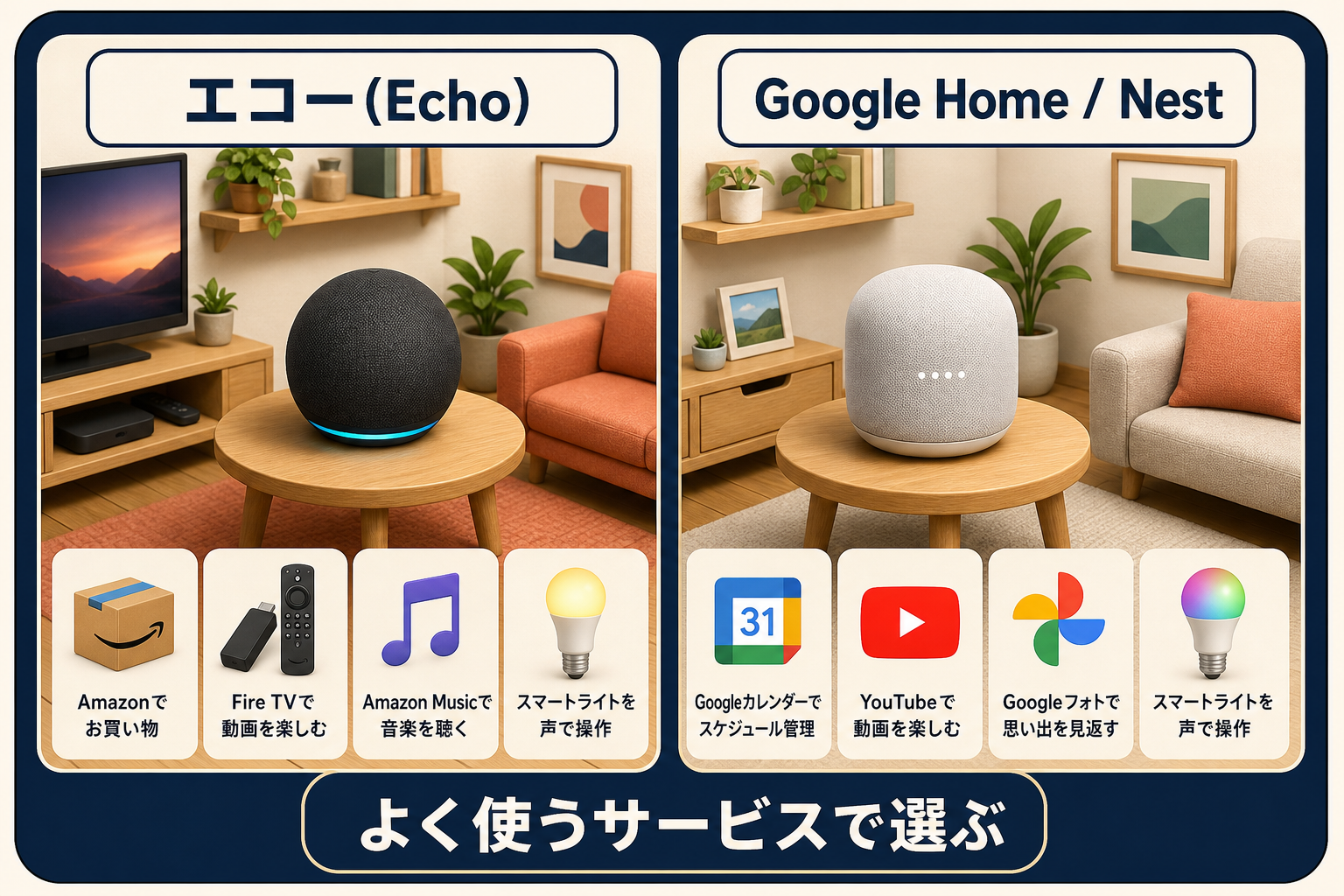 Echo側とGoogle Home・Nest側で連携しやすい日常サービスを左右に分けた比較図