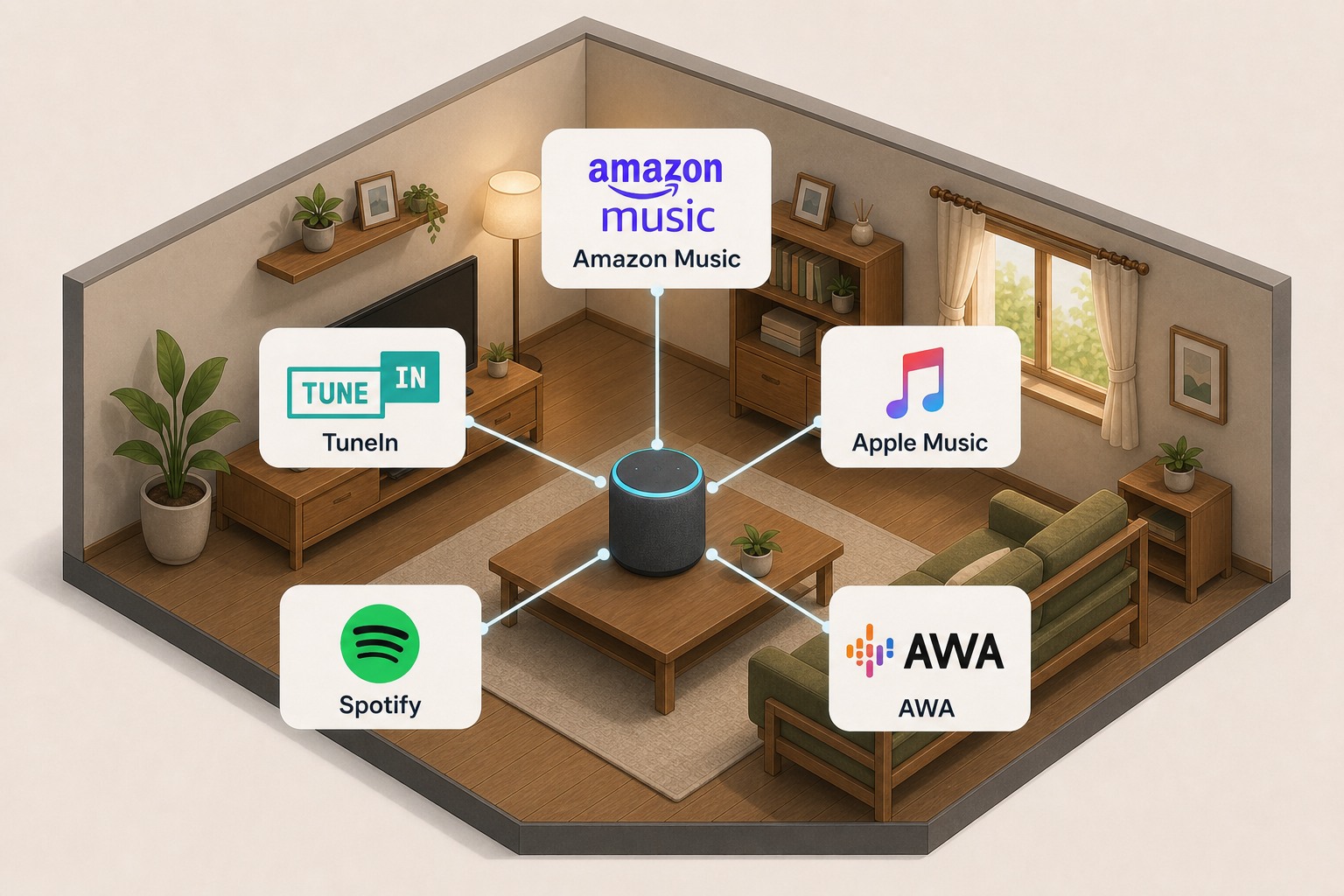 リビングのエコーからTuneIn、Amazon Music、Apple Music、Spotify、AWAを再生できる様子