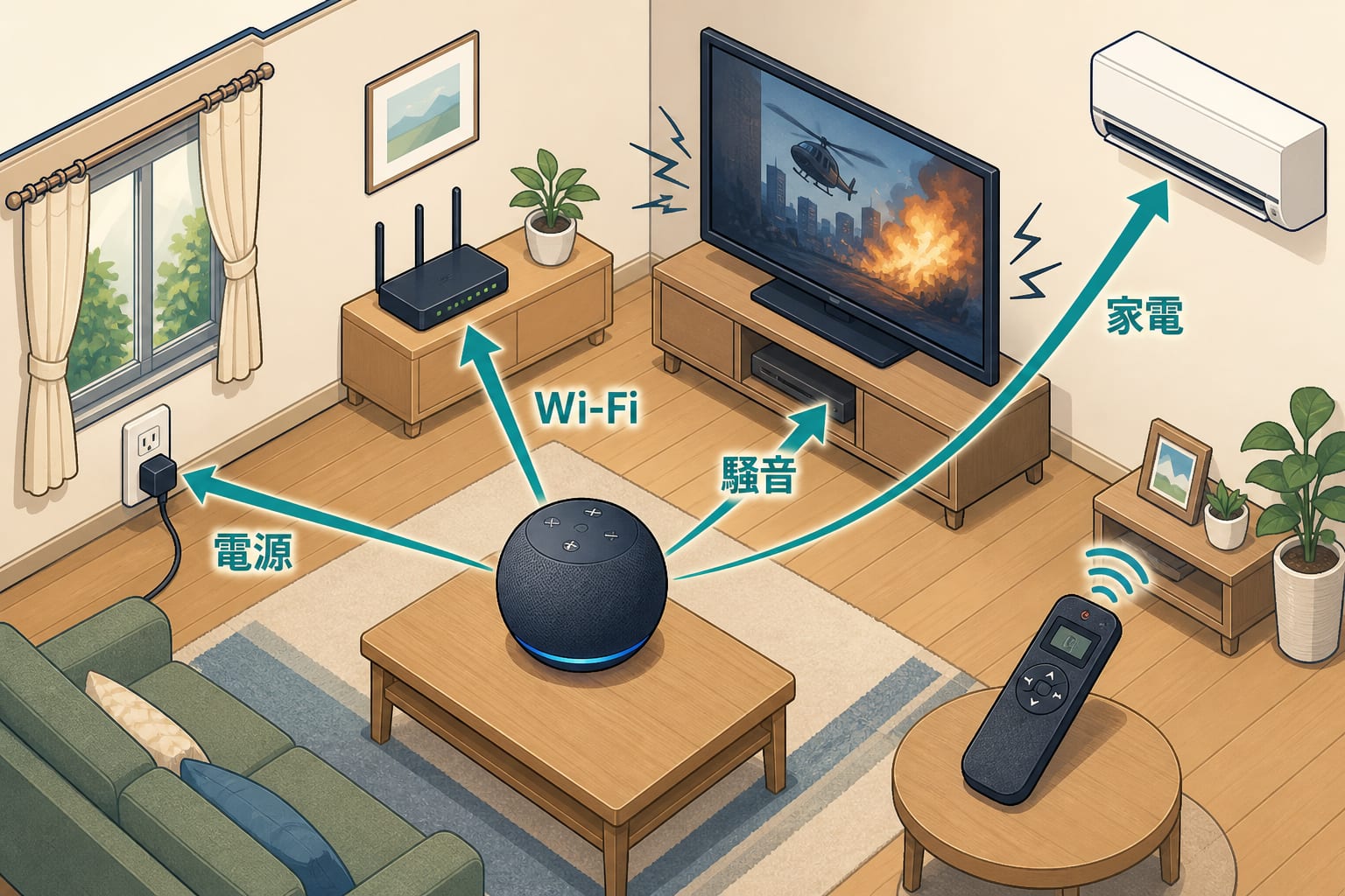 スマートスピーカーの電源、周囲の騒音、Wi-Fi、連携家電を確認するミニチュア部屋のイラスト