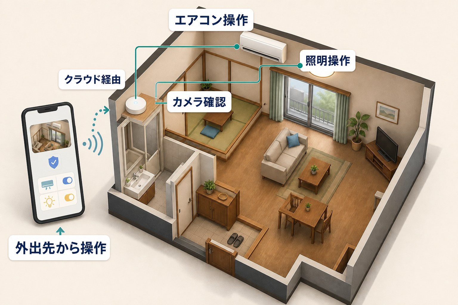 家の外のスマートフォンから室内のエアコン、照明、カメラへ指示が届くミニチュア部屋のイラスト
