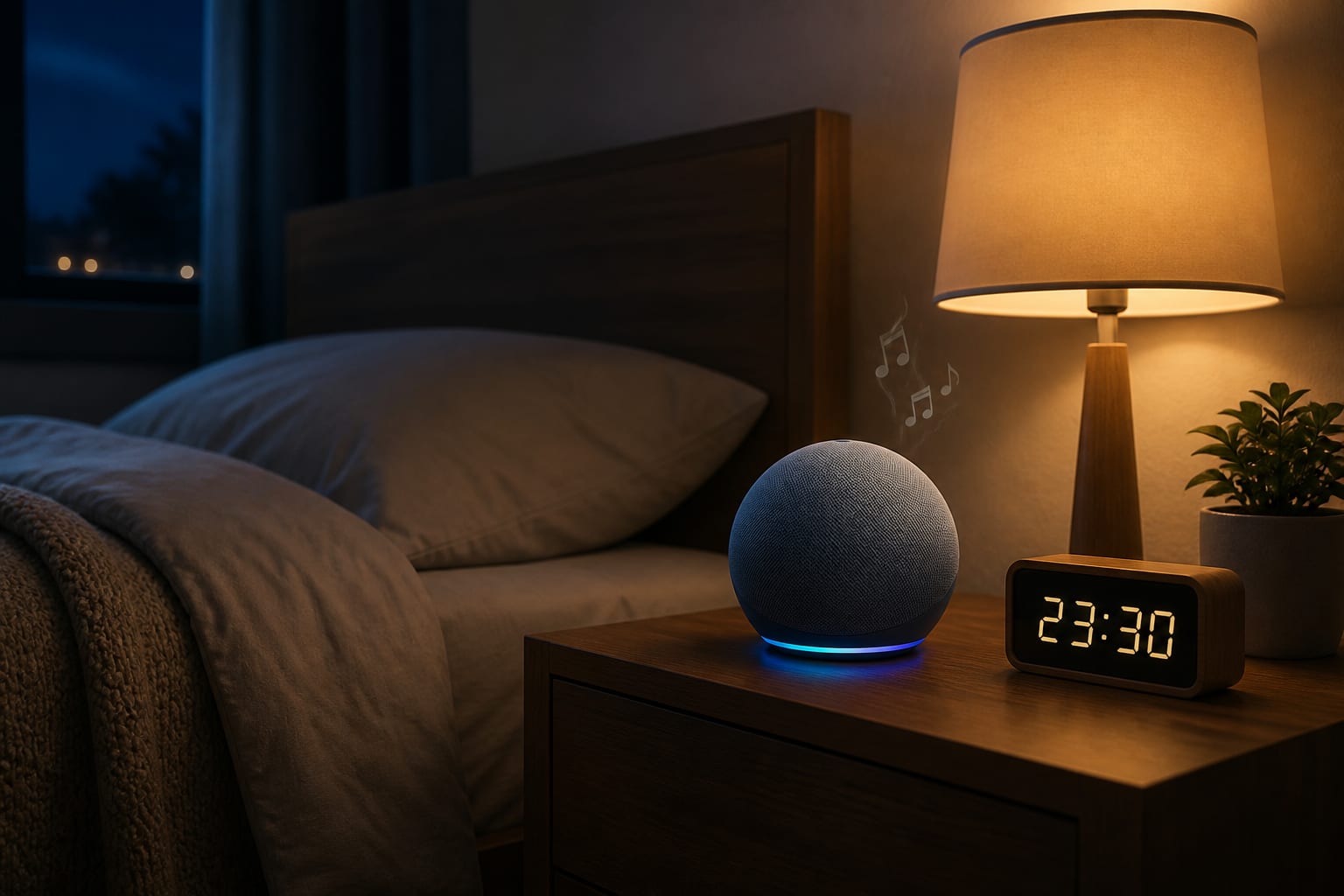 夜の寝室に置かれたスマートスピーカーと音楽再生、停止時刻を示す時計