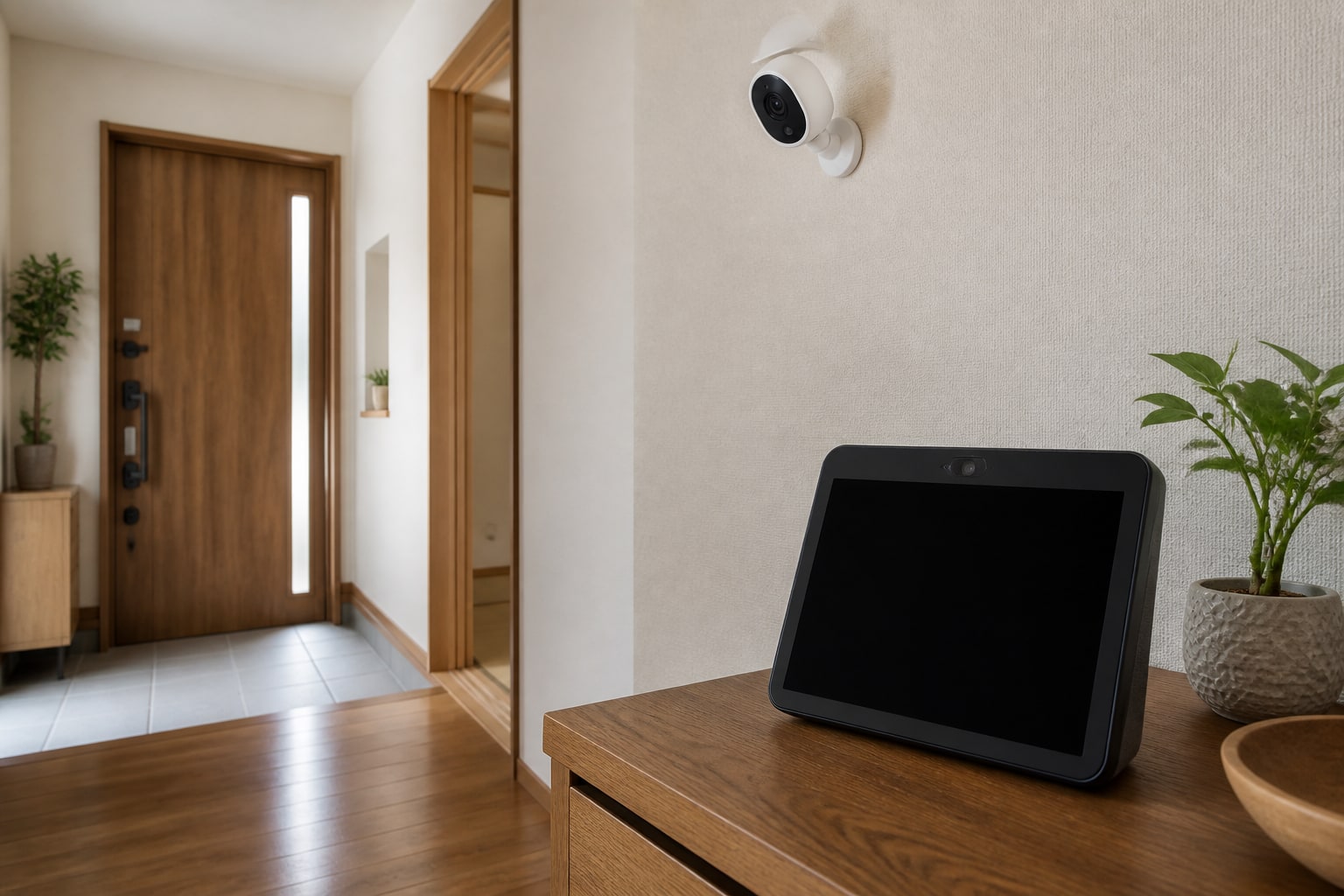 玄関近くの棚に置いた屋内カメラとリビングのEcho Showを人物なしで配置した様子