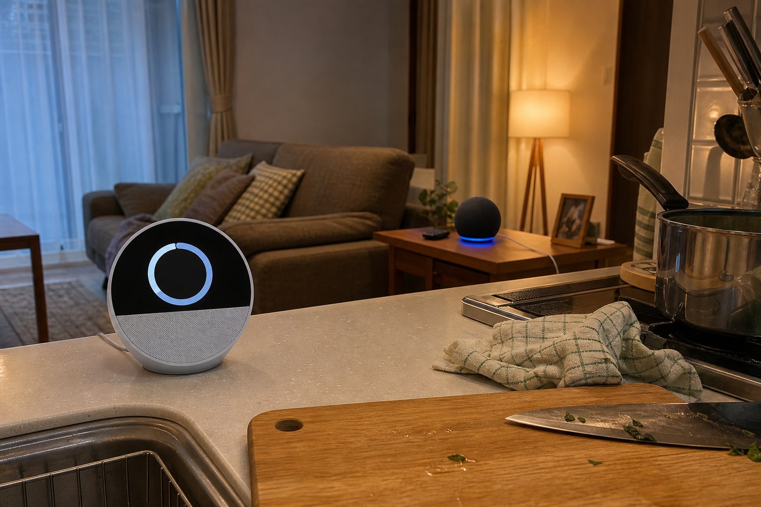 キッチンのEcho SpotとリビングのEcho Dotを日常的に使っている様子
