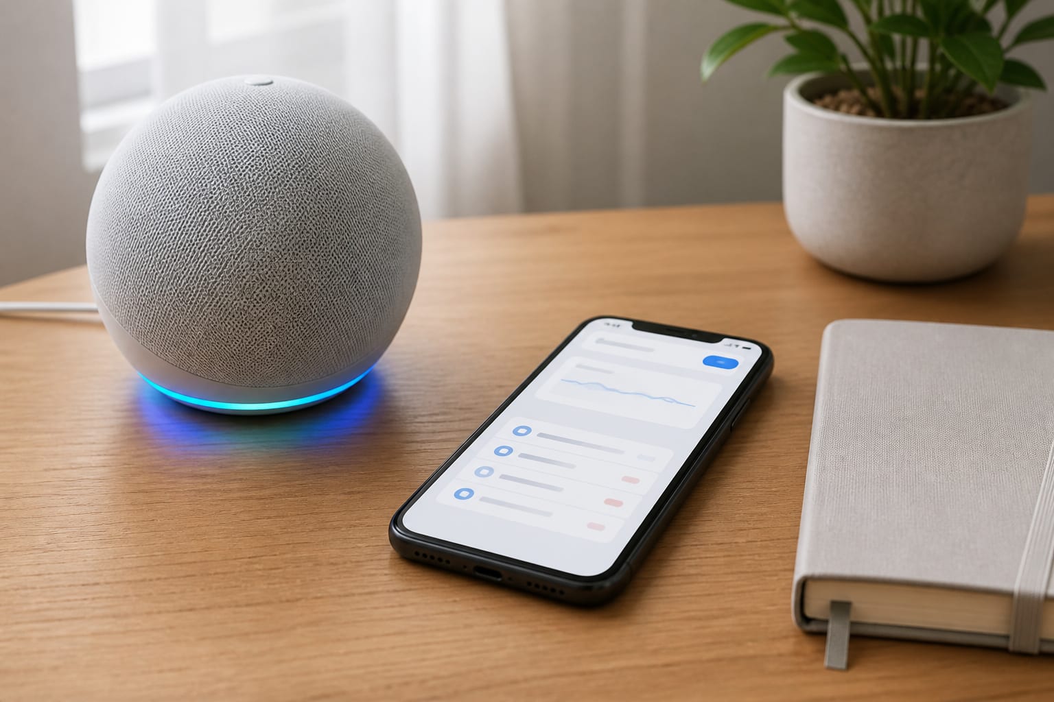 スマートスピーカーと音声履歴の設定画面を表示したスマートフォン