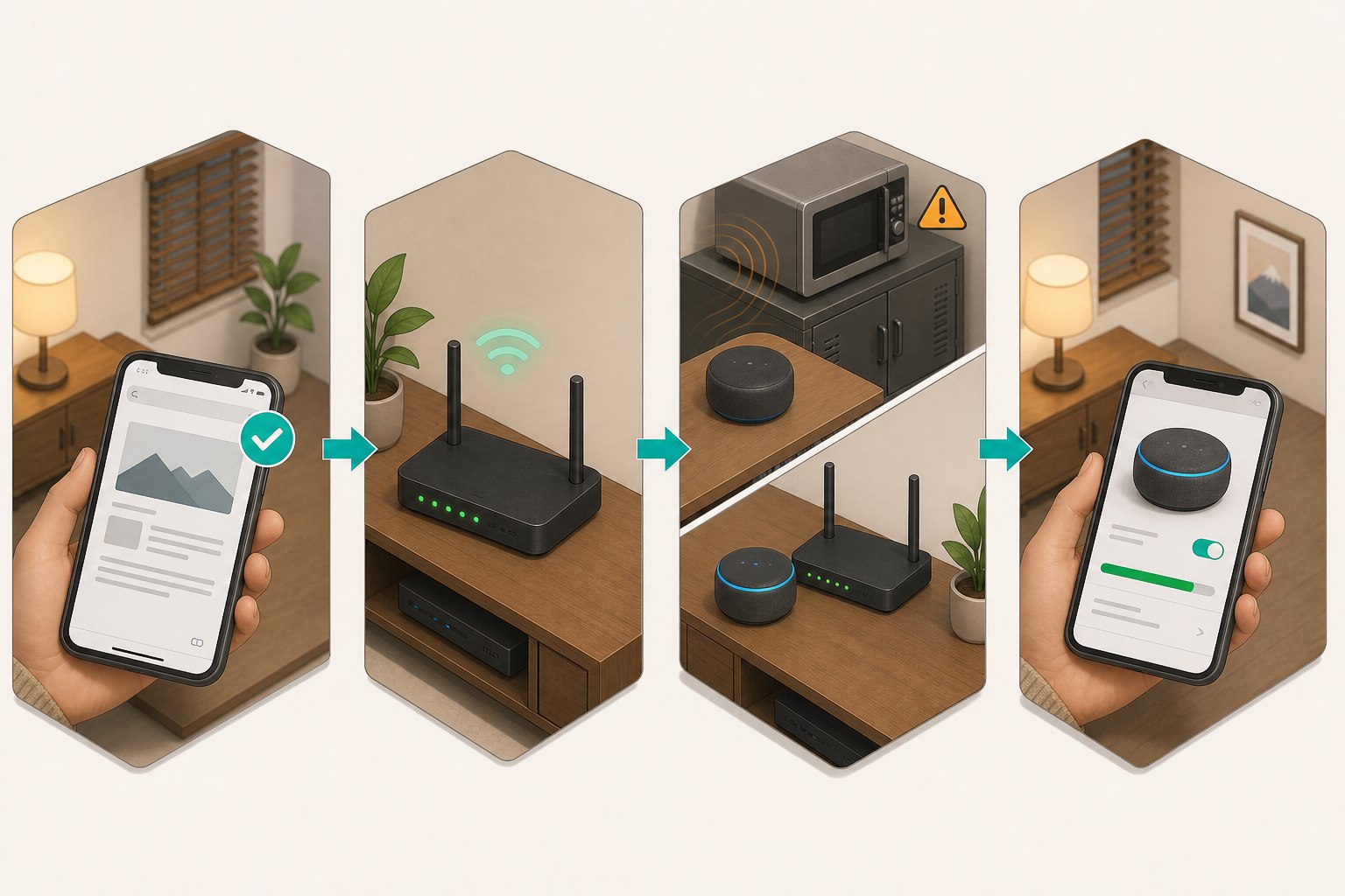 スマートフォン、ルーター、電波干渉、エコーのWi-Fi設定を順に確認する図解