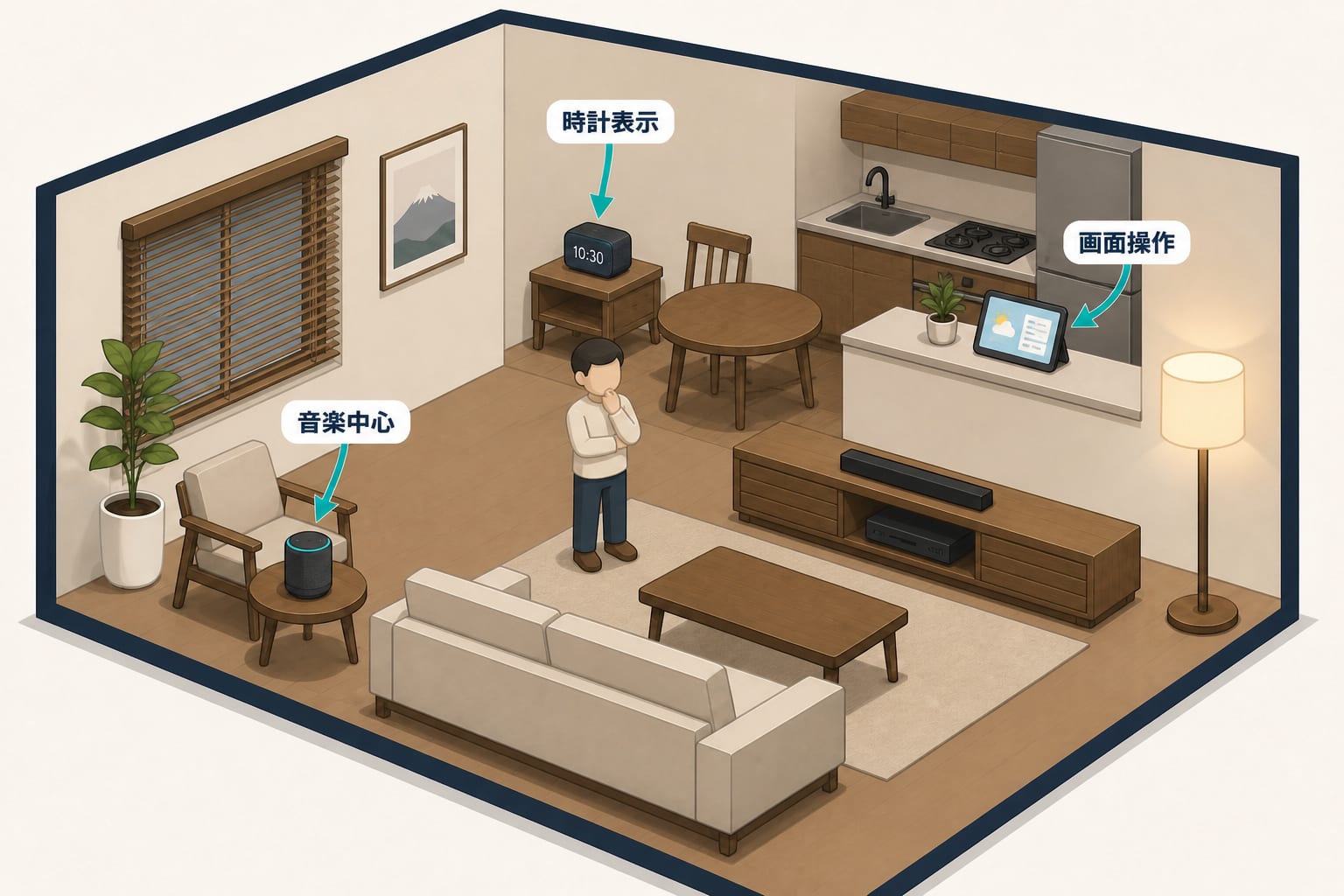 音楽、時計表示、画面操作に向くエコーを部屋の用途別に配置したミニチュアイラスト