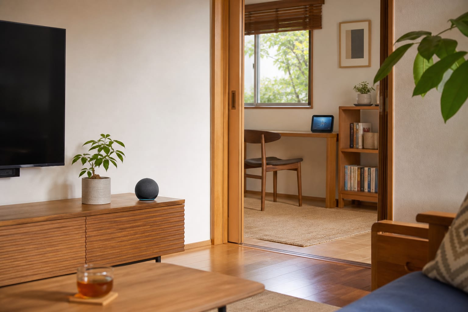 隣り合う二つの部屋にスマートスピーカーとスマートディスプレイを置いた住まい