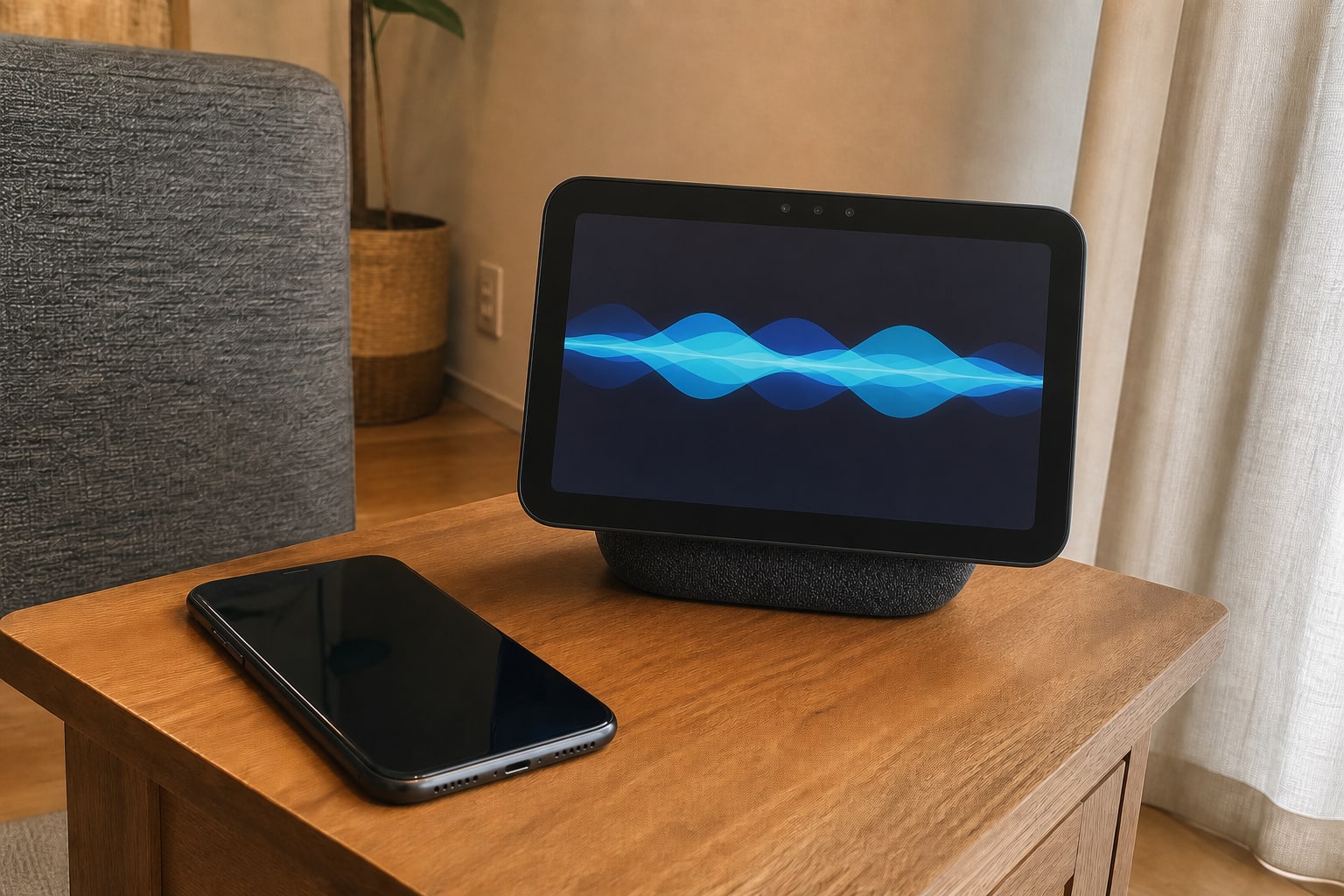 リビングのテーブルに置いたスマートフォンと音を再生している画面付きスマートスピーカー