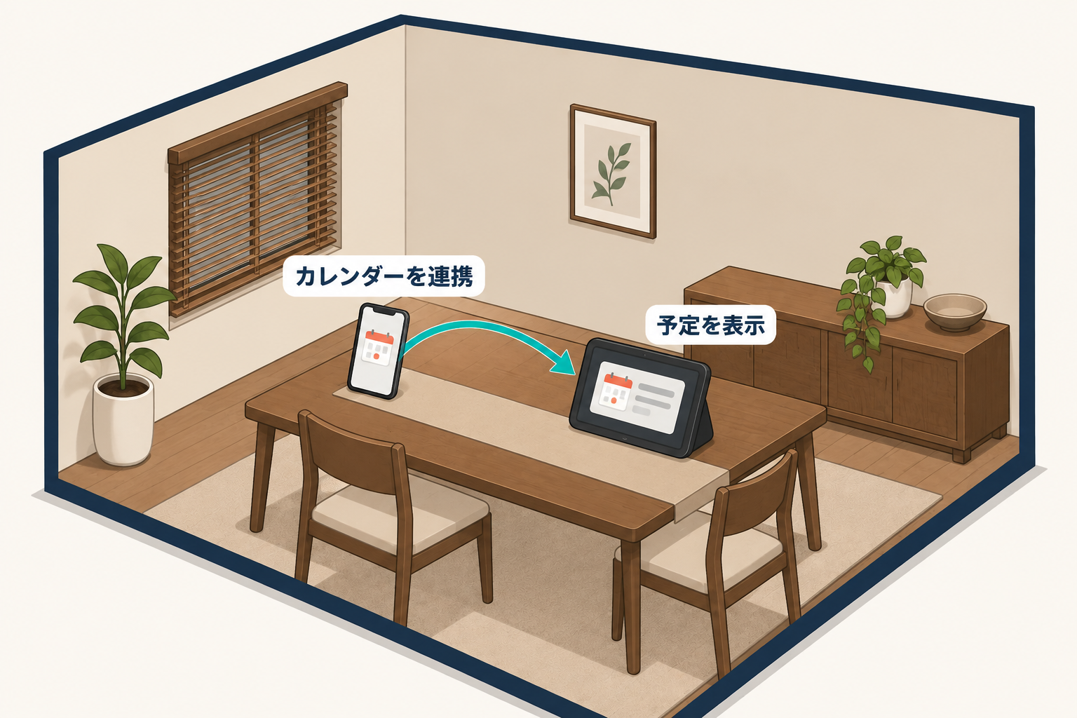 連携済みのカレンダーからEcho Showの予定ウィジェットへ一件の予定が表示される説明図