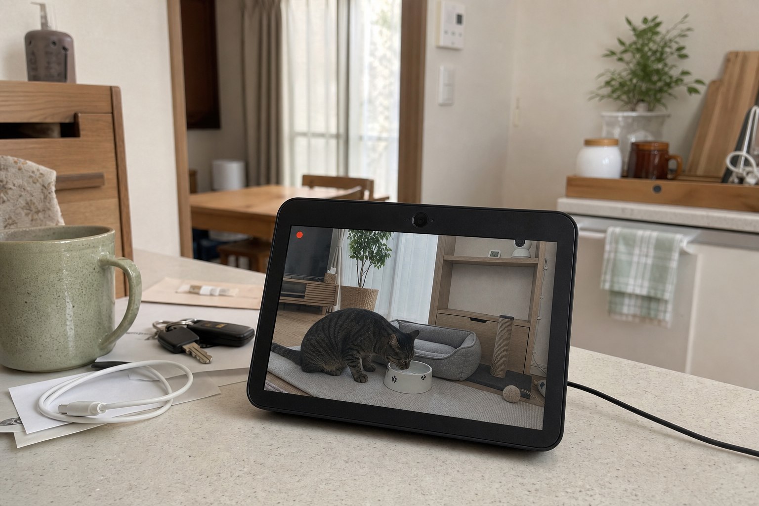 Echo Showに猫が水を飲む見守りカメラ映像を表示した状態
