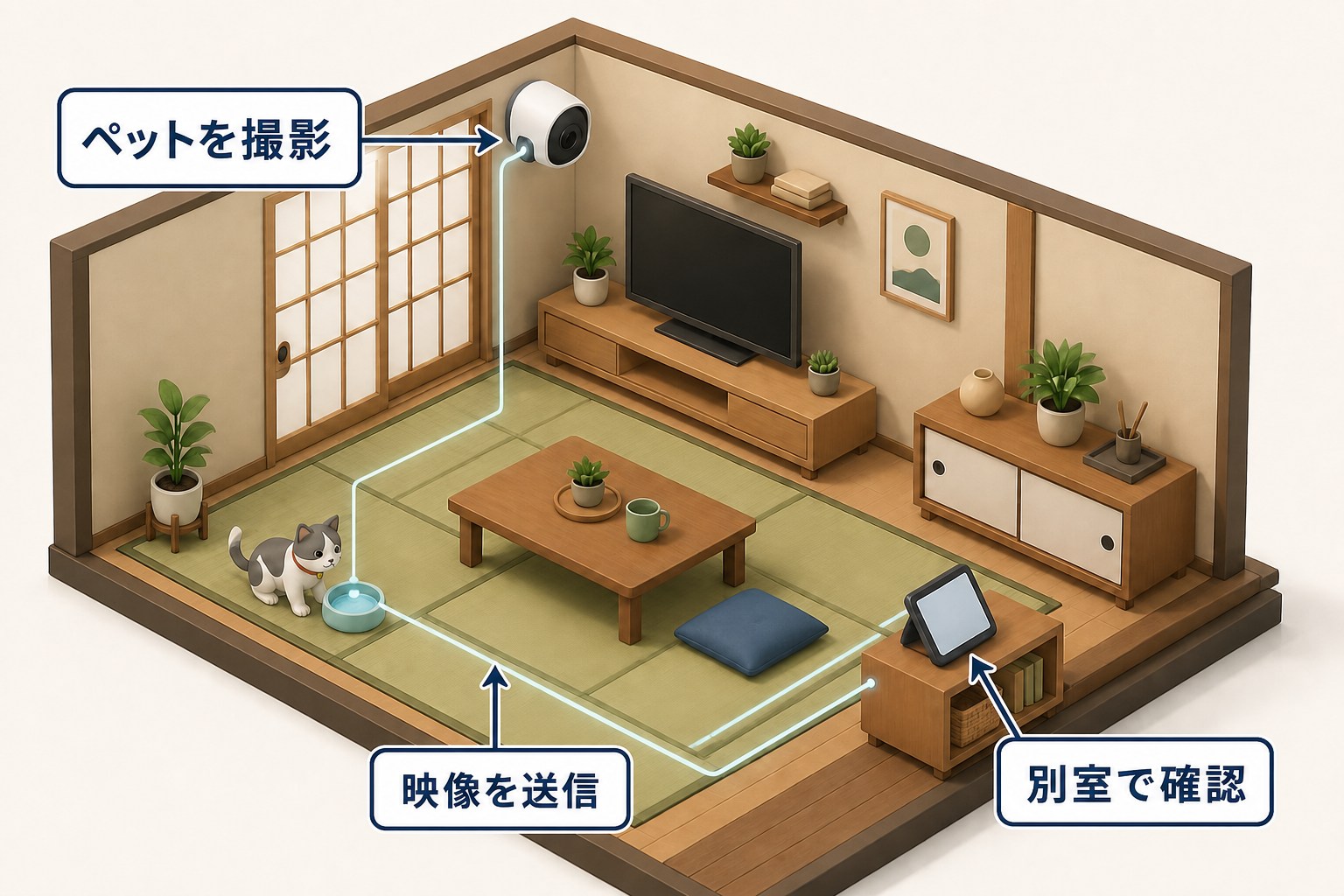 ペットのいる部屋を屋内カメラで撮影し別室のエコーShowへ表示するミニチュア部屋のイラスト