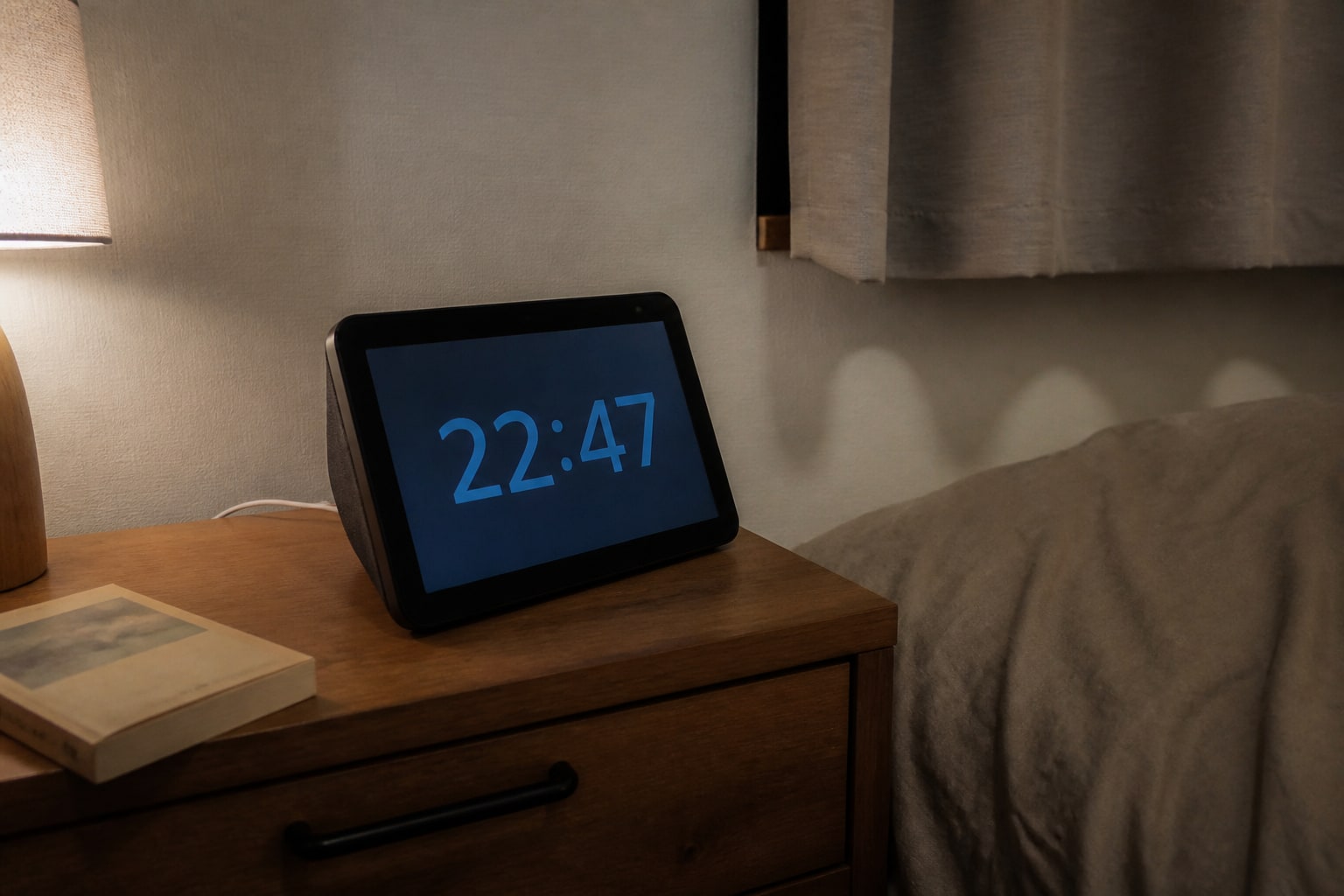 寝室のサイドテーブルで暗い時計画面が点灯しているEcho Show
