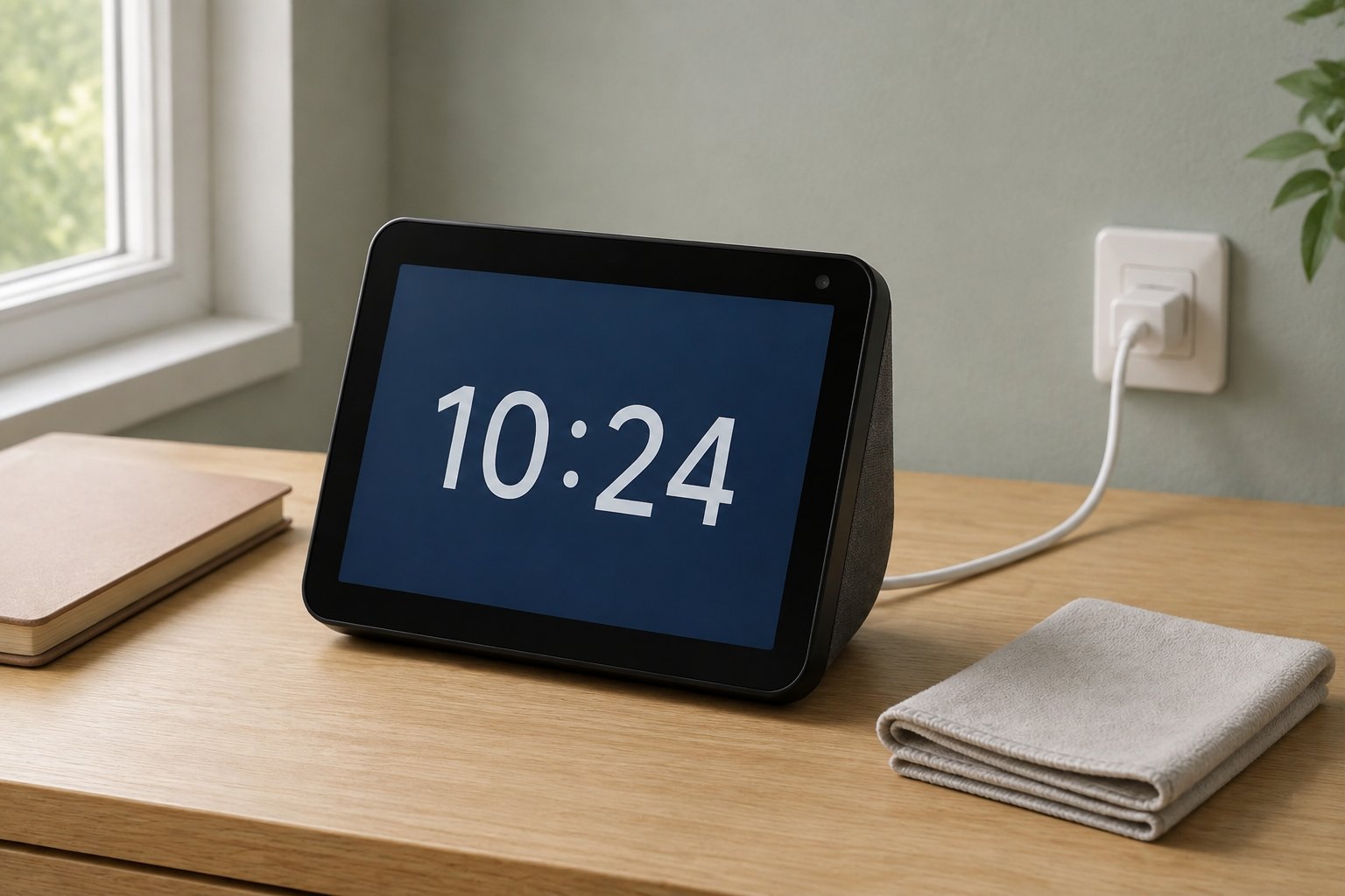 机に置き電源を接続したEcho Showと、画面を拭く柔らかい布の設置イメージ