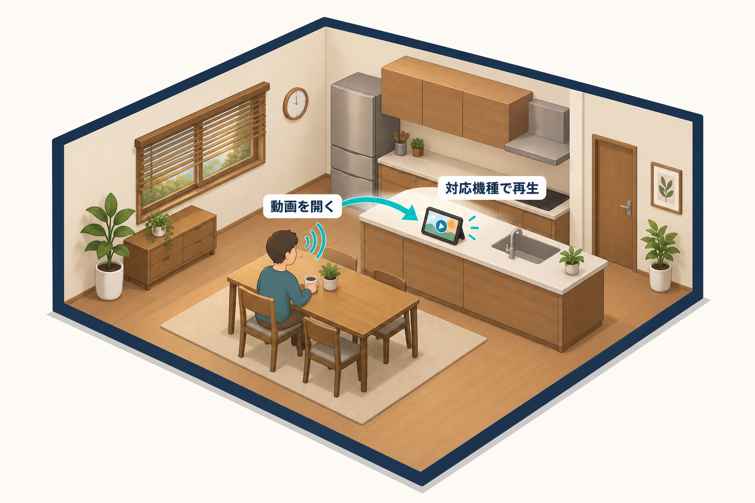 動画を開く音声操作から対応機種での再生へ進む流れを示した説明図