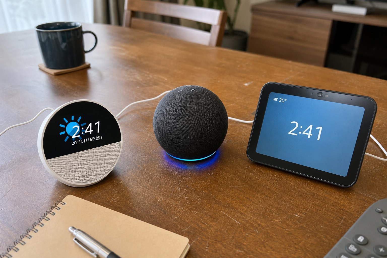 同じテーブルに置いたEcho Spot、Echo Dot、Echo Showの実機
