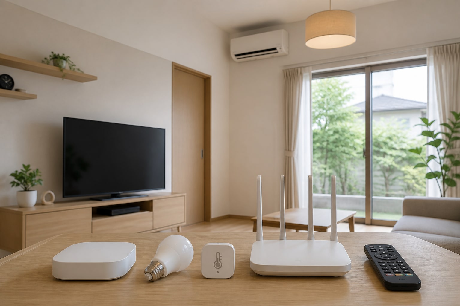 スマート照明とハブとセンサーを人物なしの一部屋へ段階的に設置した様子
