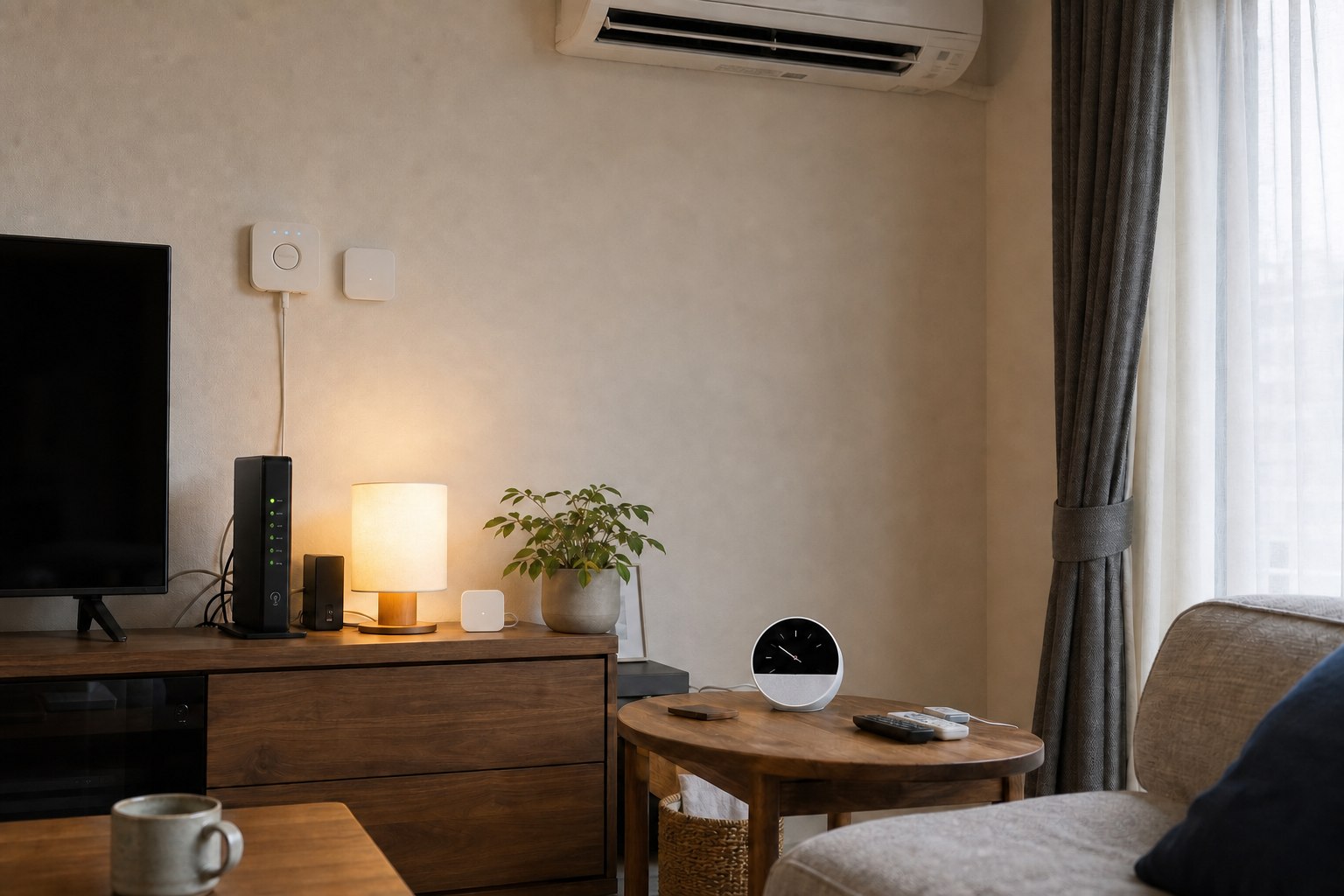 Echo SpotとSwitchBot Hub Mini、Hue Bridge、Nature Remoを設置したリビング