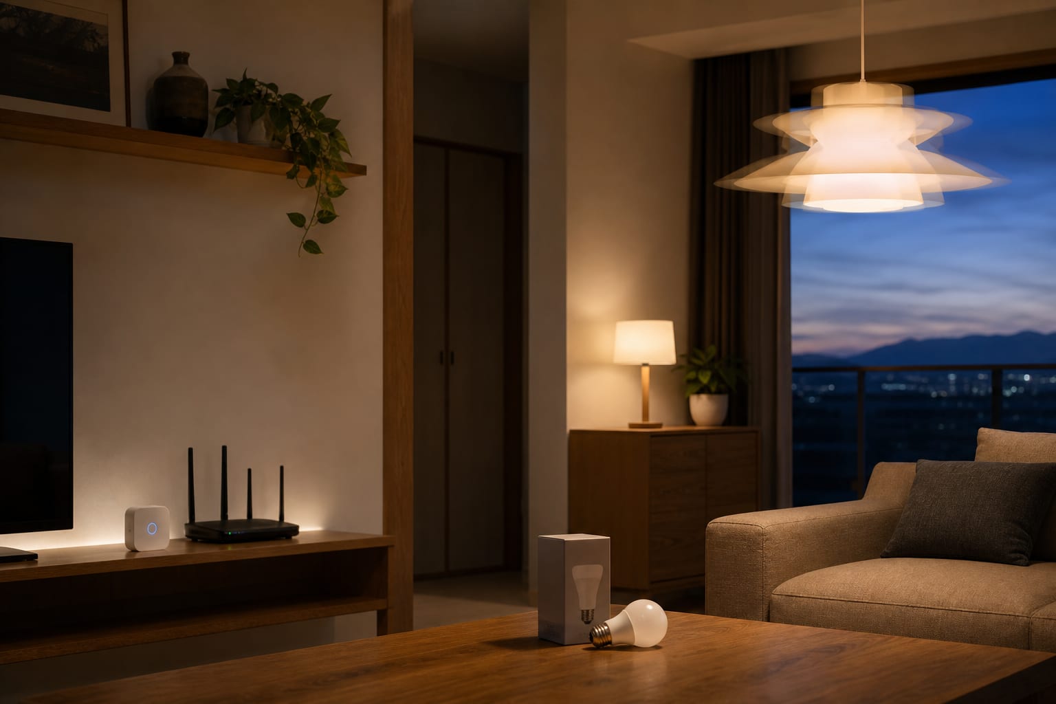 点滅するペンダント照明とスマート電球、照明ブリッジを置いた夜のリビング