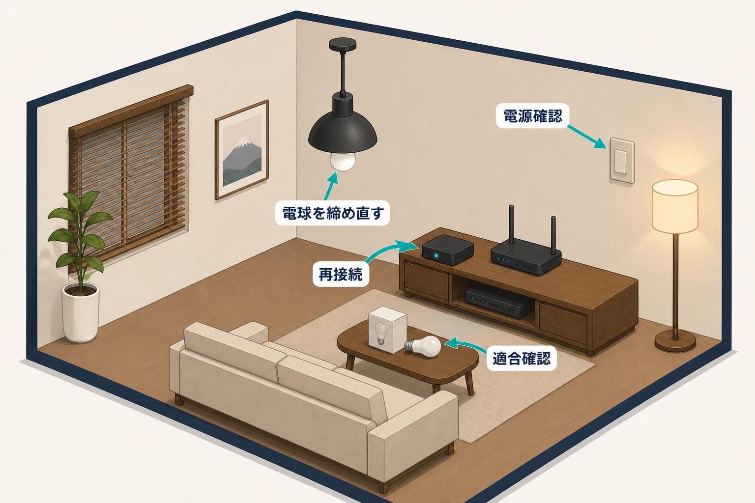 照明の電源、電球の締め付け、適合、ブリッジへの再接続を確認するミニチュア部屋のイラスト