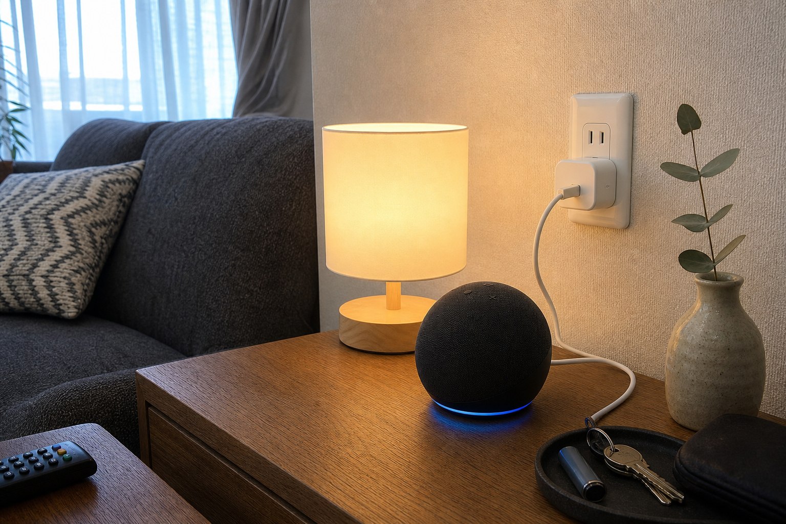 Echo DotとMatter対応の電球、スマートプラグを接続したリビング