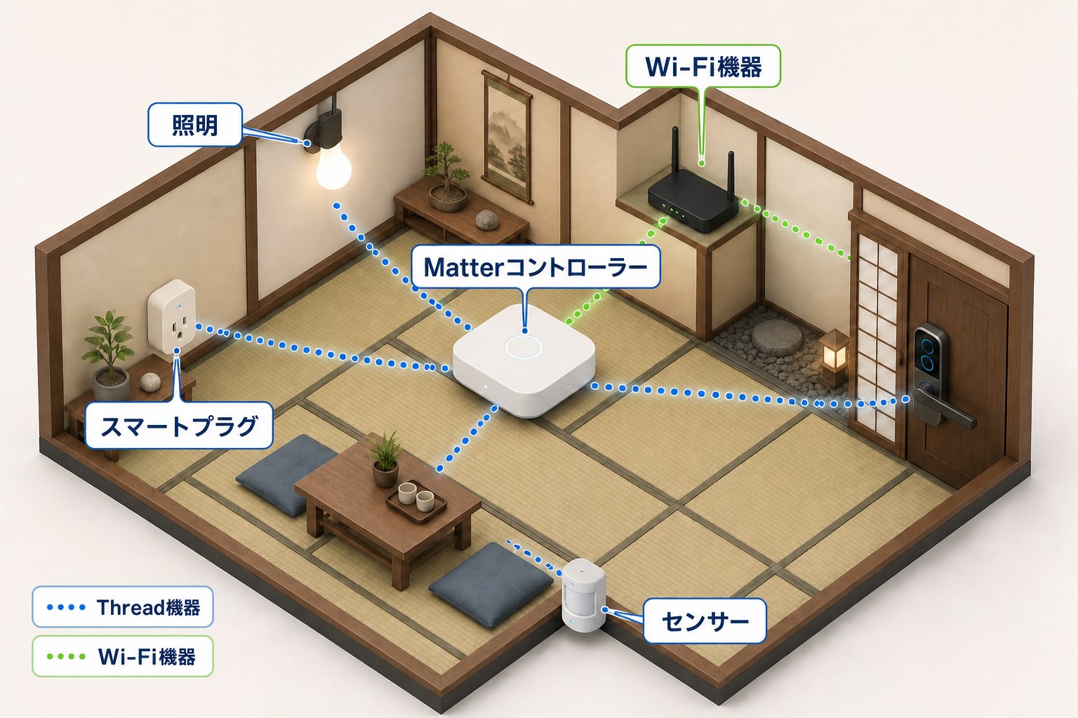 中央のMatterコントローラーから照明とプラグとセンサーへつながる斜め上から見たミニチュア部屋
