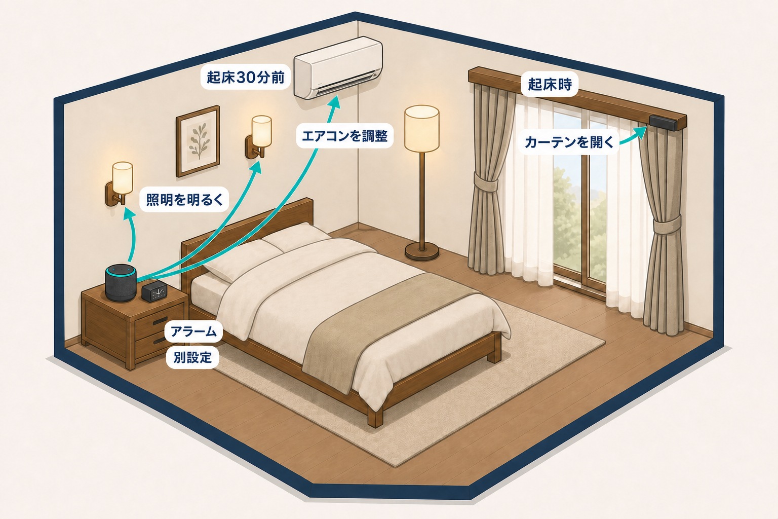 起床30分前にエアコンと照明、起床時にカーテンと別設定のアラームが動くスマート寝室のアイソメトリック図