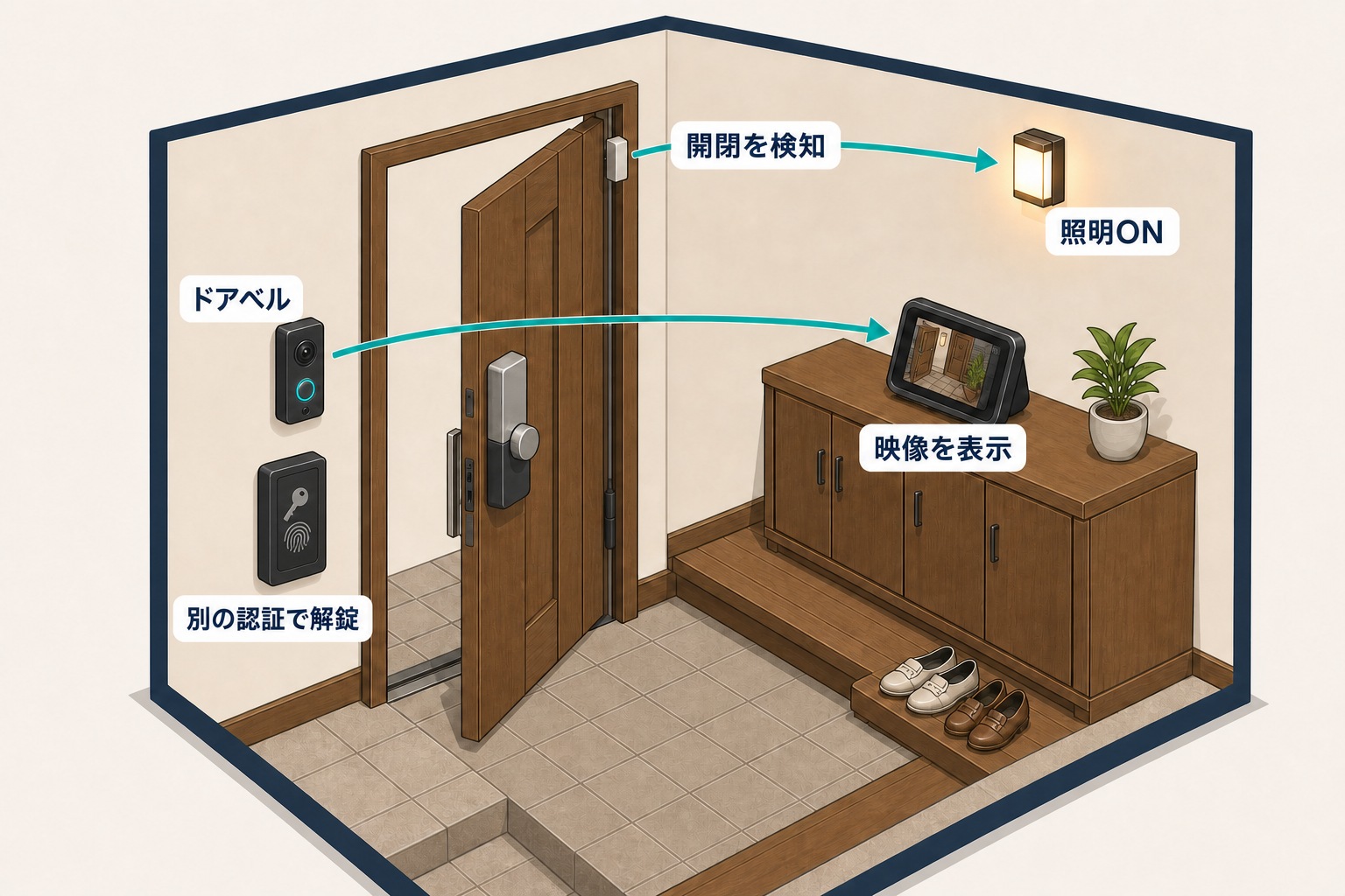 玄関ドアの開閉センサーとスマートロックから室内照明とEcho Showへ処理が伝わるアイソメトリックのミニチュア玄関