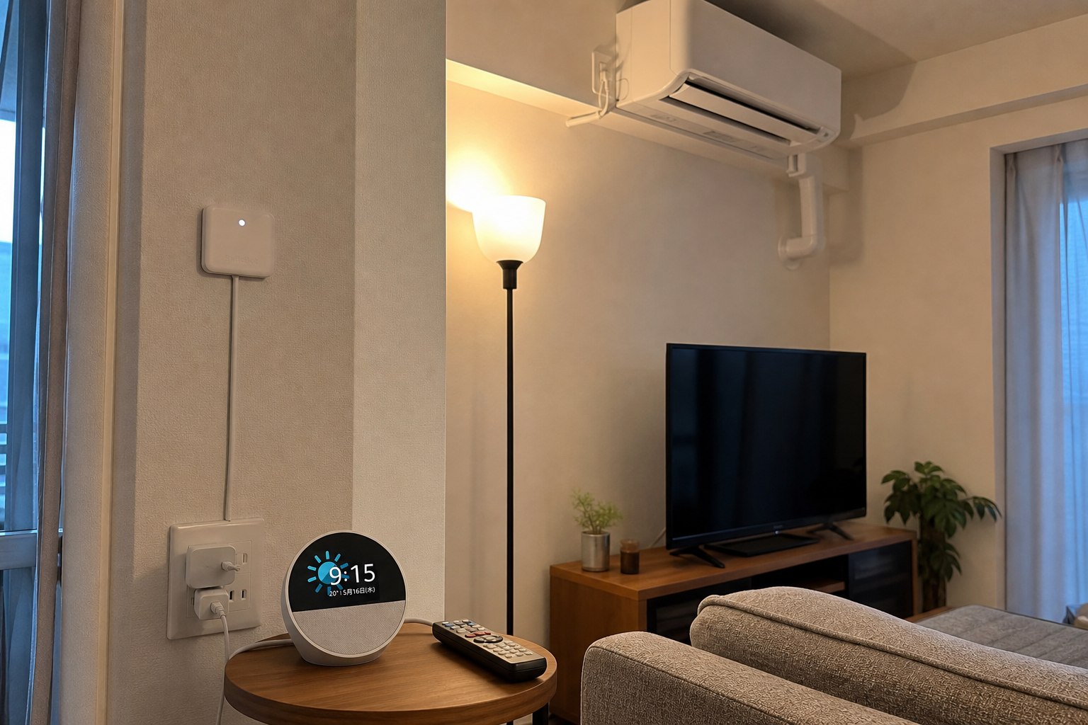 初心者向けのEcho Spot、SwitchBot Hub Mini、スマート電球を設置したリビング