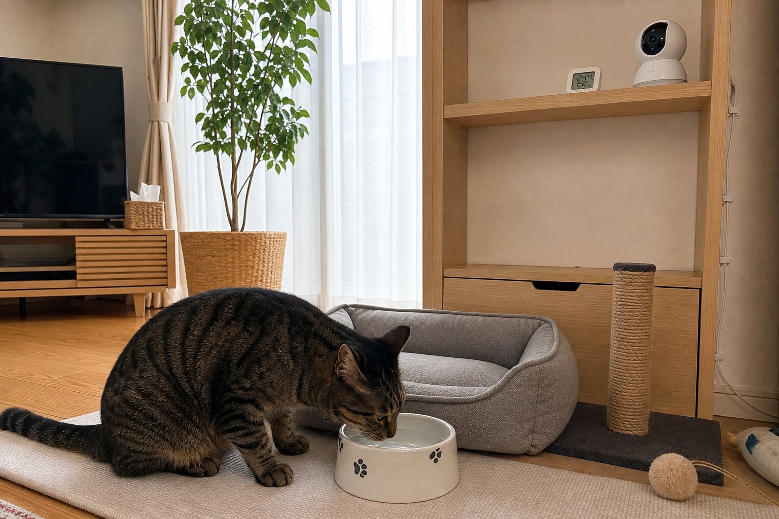 水を飲む猫と高い棚に設置した見守りカメラ、温湿度センサー
