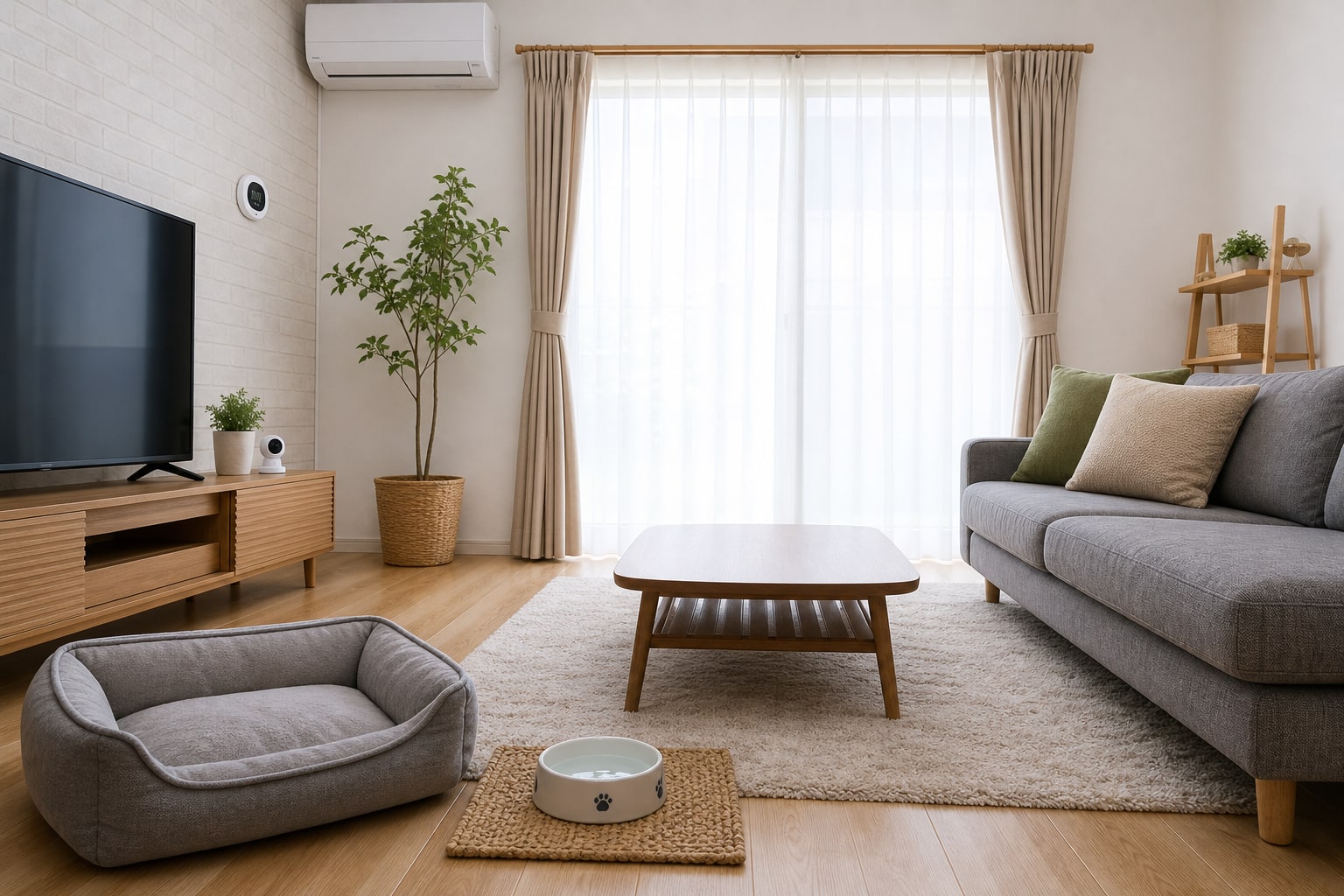 ペット用ベッドと水飲み場がある無人の部屋にカメラと温湿度センサーを設置した様子