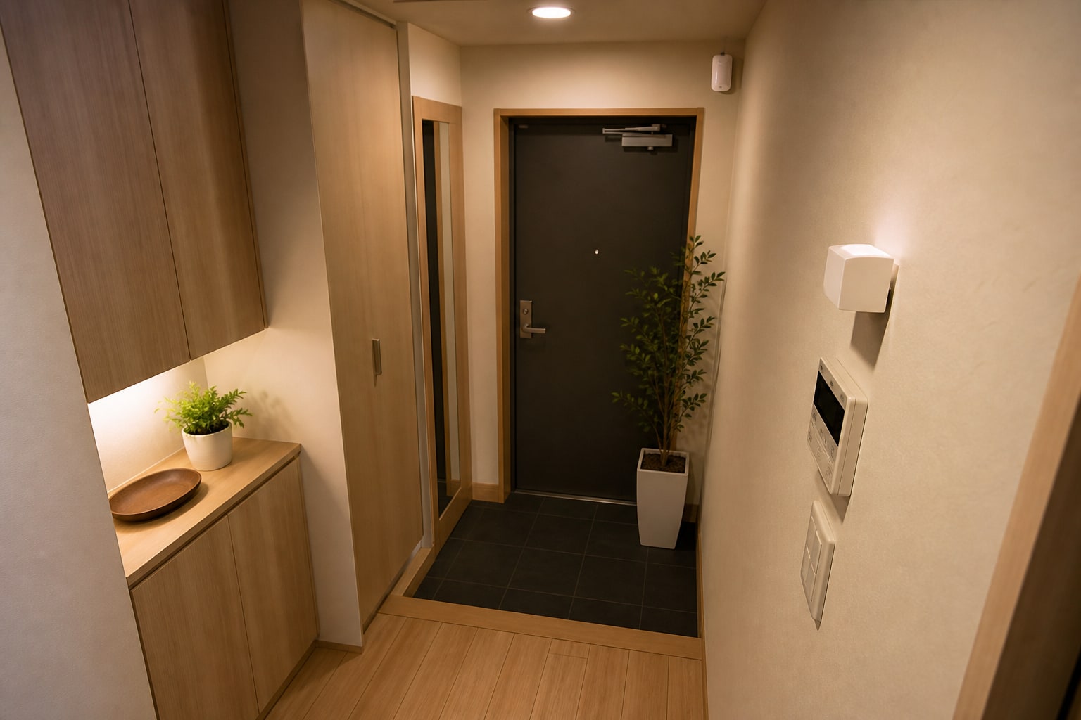 玄関の開閉センサー、屋内カメラ、スマート照明を設置した無人のリビングと廊下