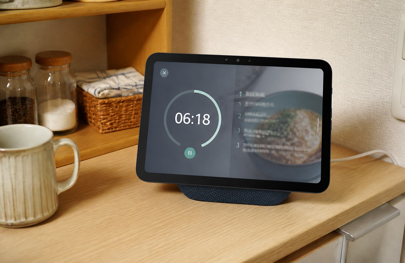 乾いたキッチンカウンターに設置し、タイマーとレシピを表示したEcho Show 8