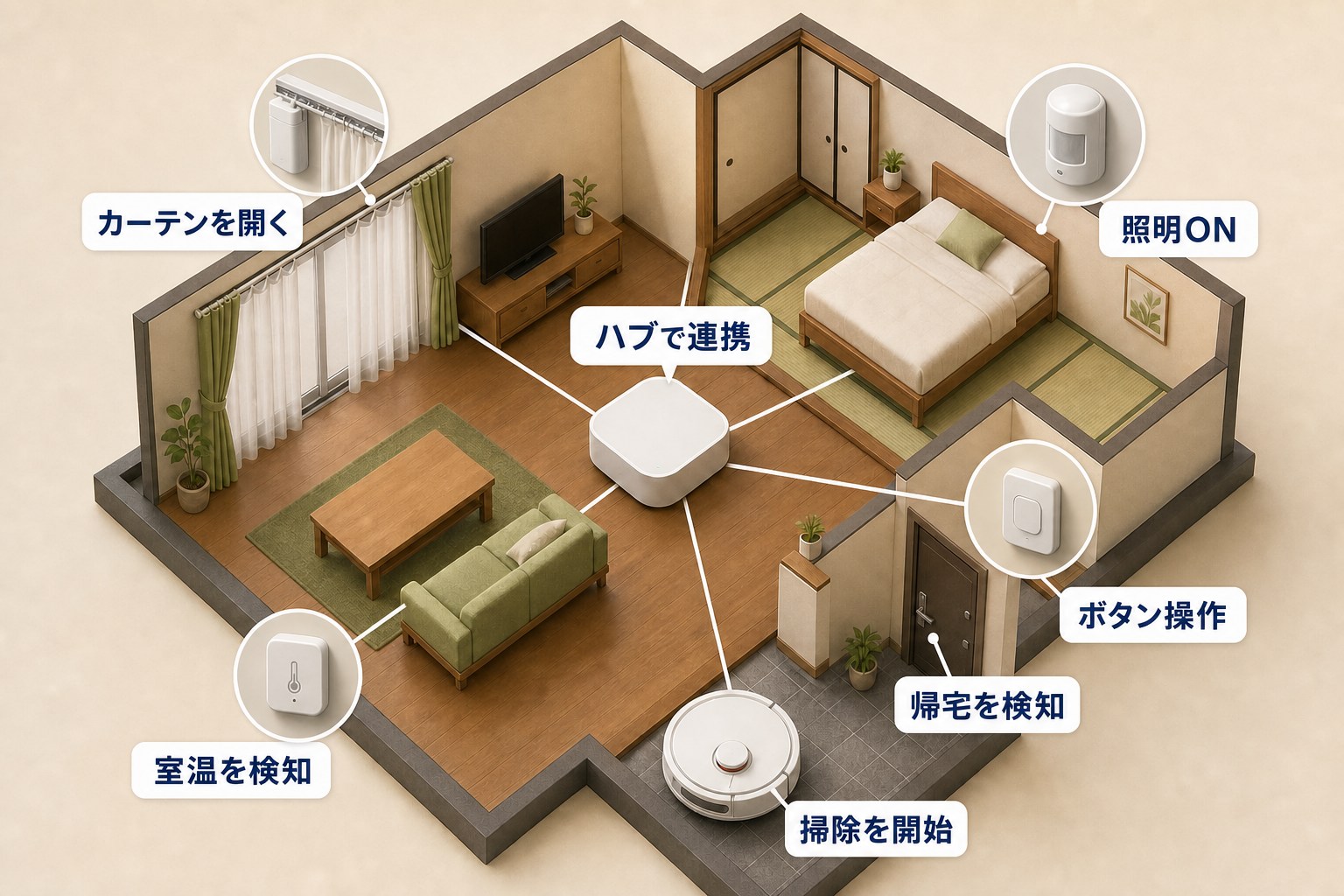 顔のない人物が帰宅するとSwitchBotセンサー、照明、カーテン、エアコンが動くミニチュア部屋