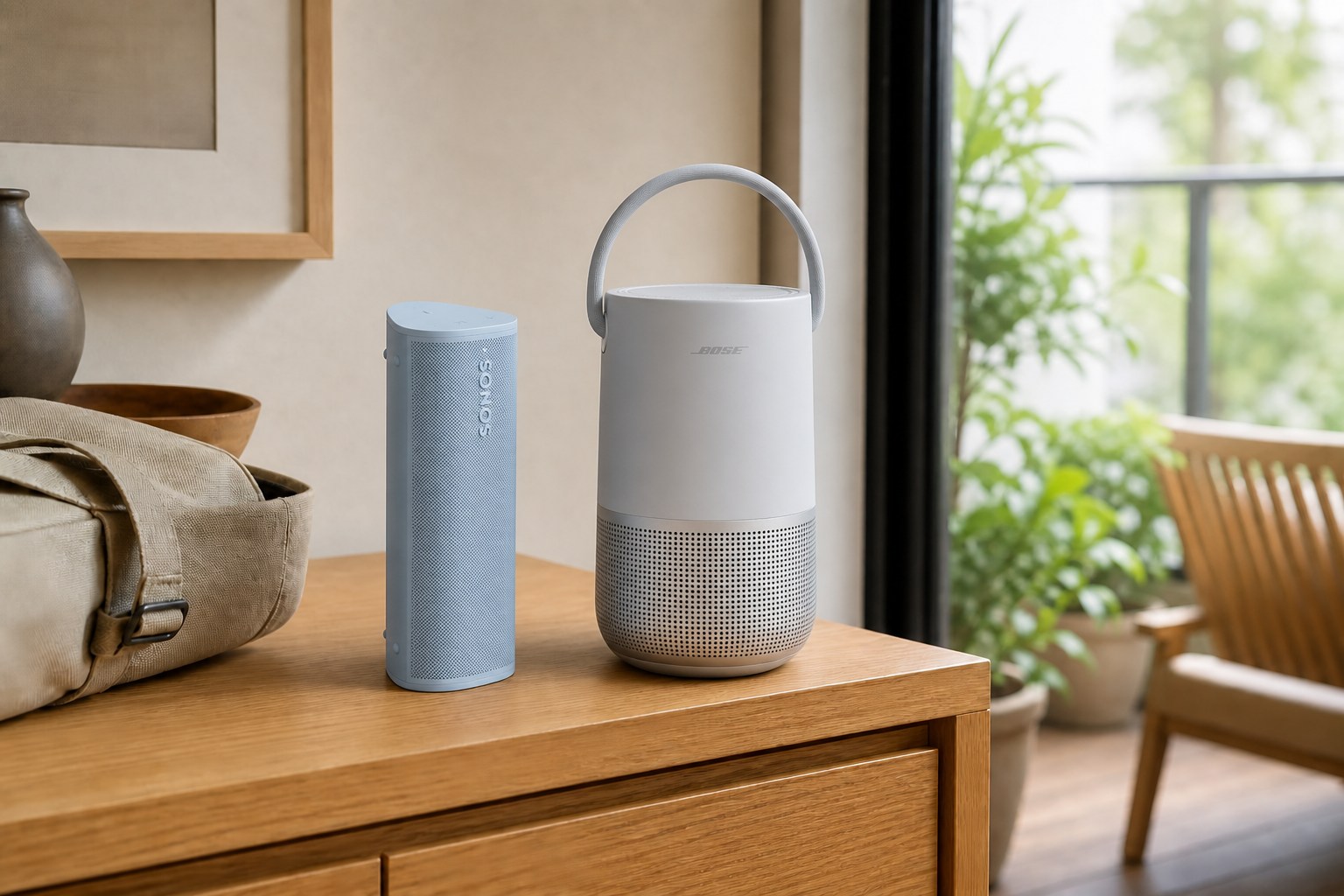 ベランダに隣接した木製棚に、ケーブルを外して置いたブルーのSonos Roam 2とシルバーのBose Portable Smart Speakerの設置イメージ