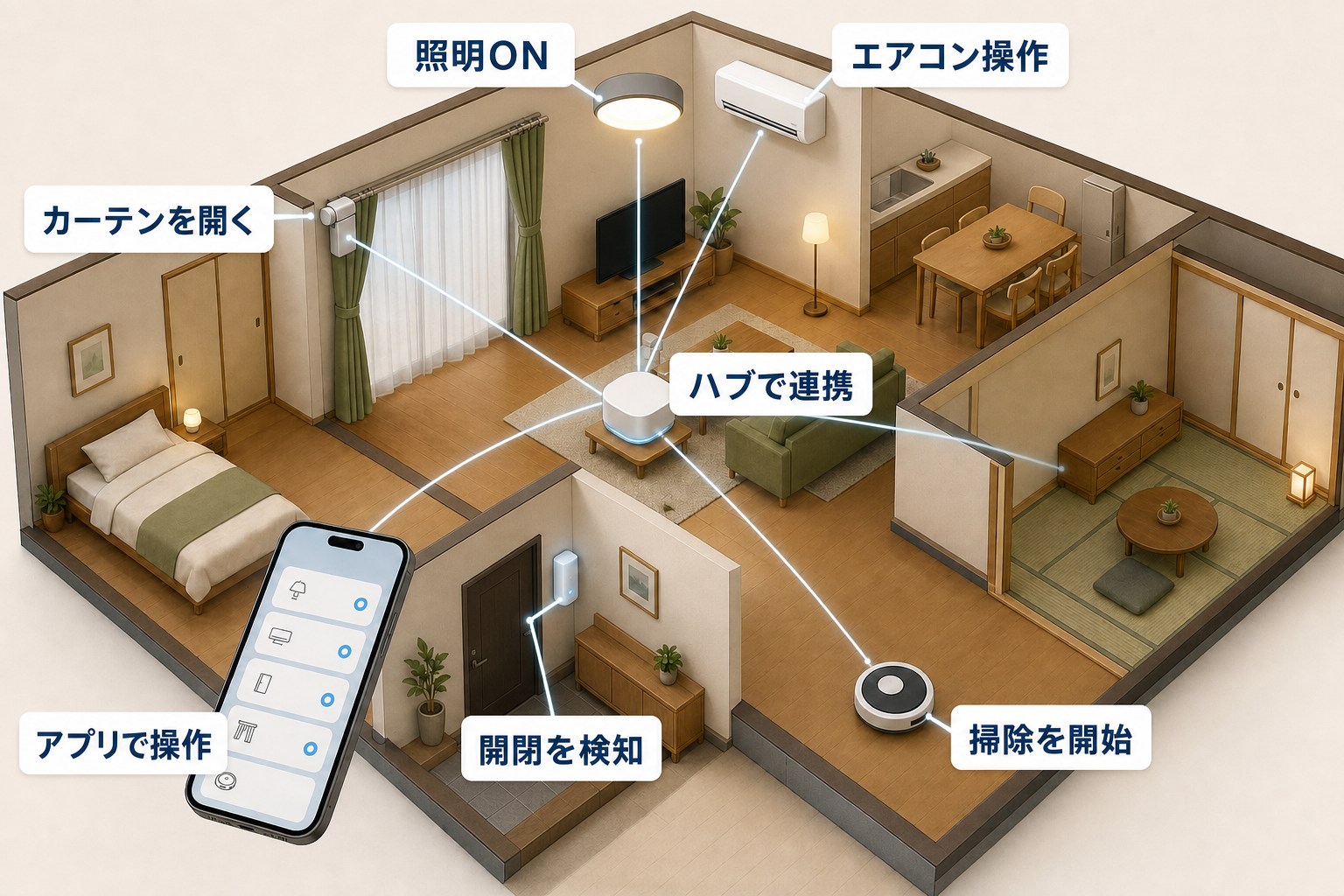 スマートフォンとハブを中心に照明や空調やセンサーがつながる斜め上から見たミニチュア部屋